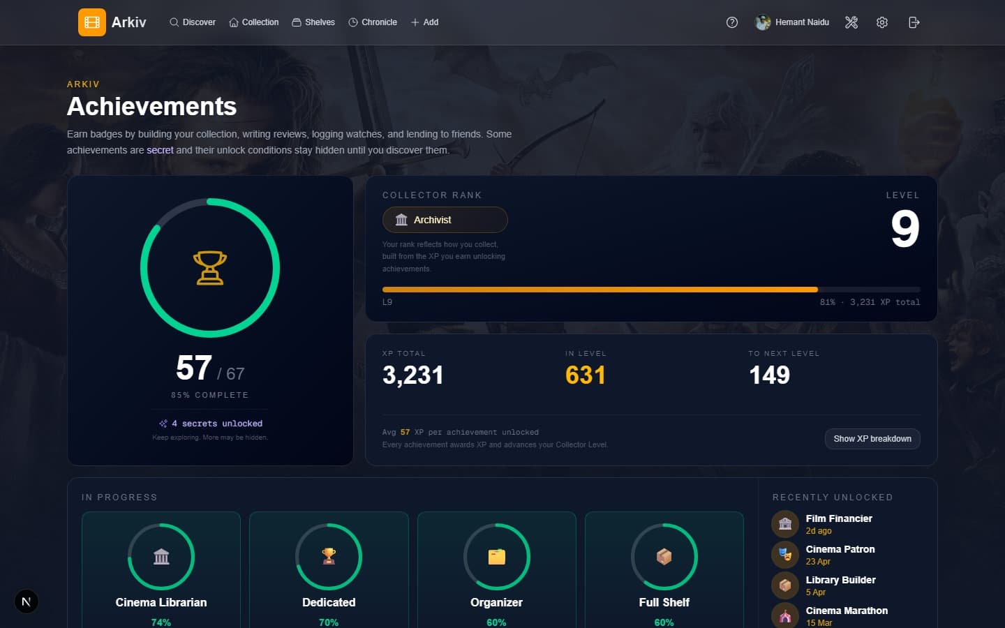Achievements board showing Collector Rank, level, XP totals and achievement progress
