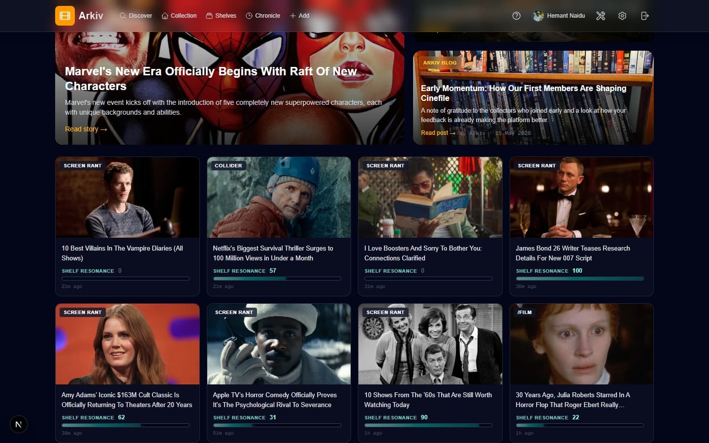 Latest Stories panel showing film writing ranked by how closely it matches the collection